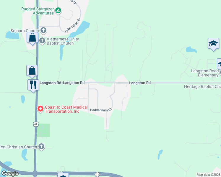 map of restaurants, bars, coffee shops, grocery stores, and more near 444 Langston Road in Perry