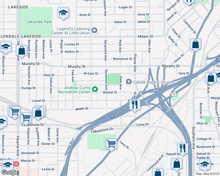 map of restaurants, bars, coffee shops, grocery stores, and more near 1525 Sycamore Avenue in Shreveport