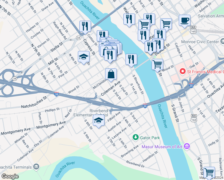 map of restaurants, bars, coffee shops, grocery stores, and more near 202 South 3rd Street in West Monroe