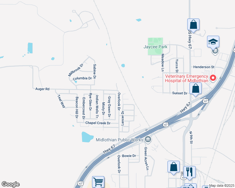 map of restaurants, bars, coffee shops, grocery stores, and more near 1422 Misty Meadow Drive in Midlothian
