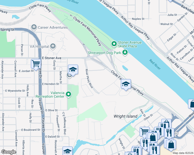 map of restaurants, bars, coffee shops, grocery stores, and more near 1535 River Parkway Boulevard in Shreveport