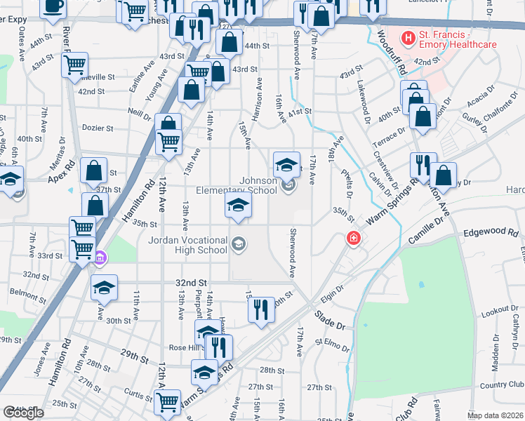 map of restaurants, bars, coffee shops, grocery stores, and more near 3601 Woodlawn Avenue in Columbus