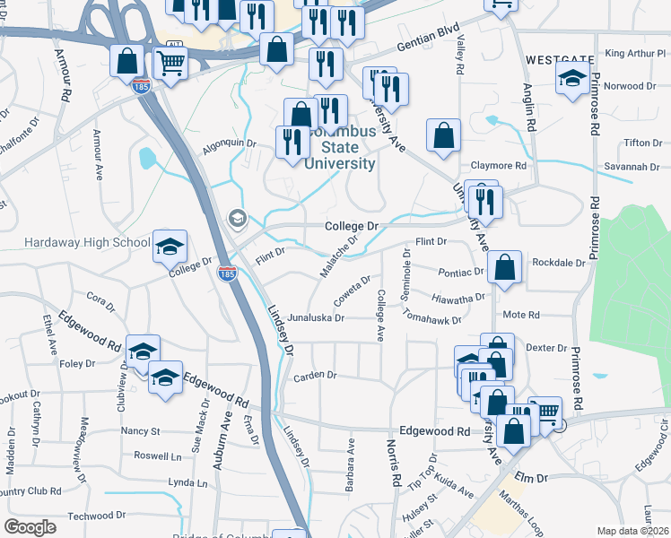 map of restaurants, bars, coffee shops, grocery stores, and more near 3422 Malatche Drive in Columbus