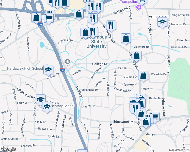map of restaurants, bars, coffee shops, grocery stores, and more near 3422 Malatche Drive in Columbus