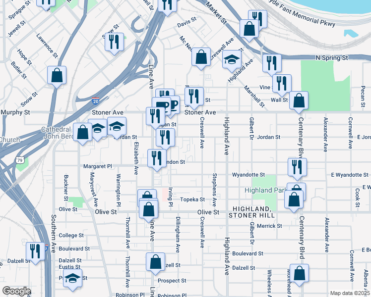 map of restaurants, bars, coffee shops, grocery stores, and more near 619 Jordan Street in Shreveport