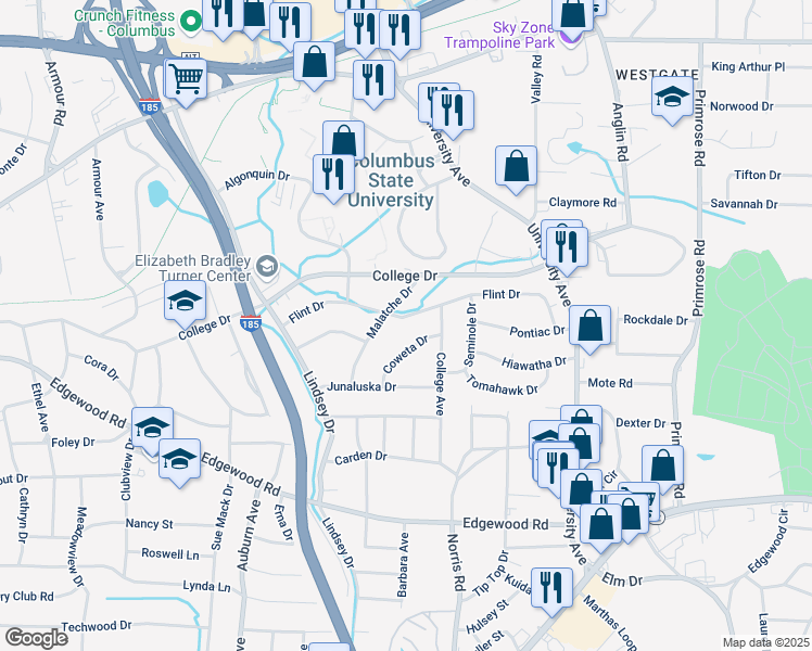 map of restaurants, bars, coffee shops, grocery stores, and more near 3320 Flint Drive in Columbus