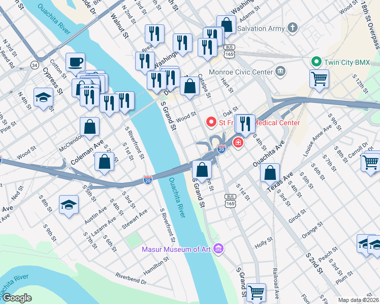 map of restaurants, bars, coffee shops, grocery stores, and more near 501 South Grand Street in Monroe