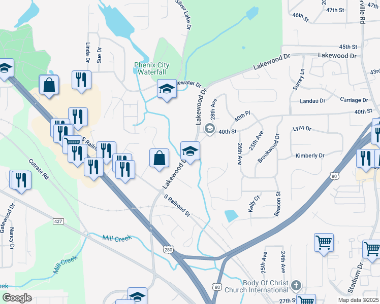 map of restaurants, bars, coffee shops, grocery stores, and more near 3800-3954 Lakewood Drive in Phenix City