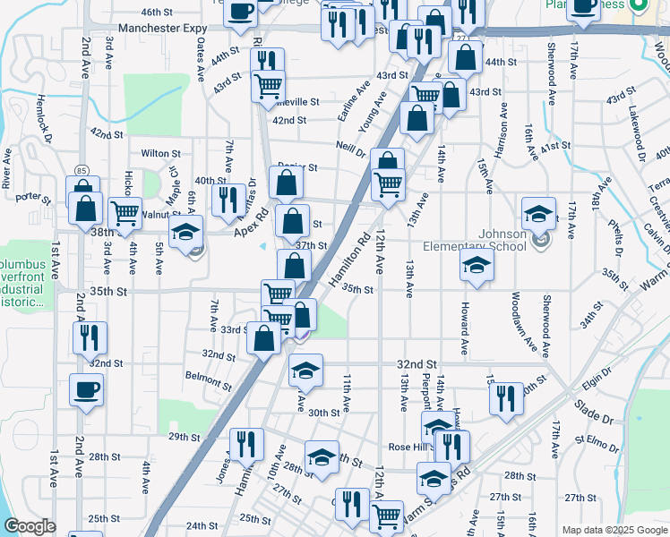 map of restaurants, bars, coffee shops, grocery stores, and more near 3521 Hamilton Road in Columbus