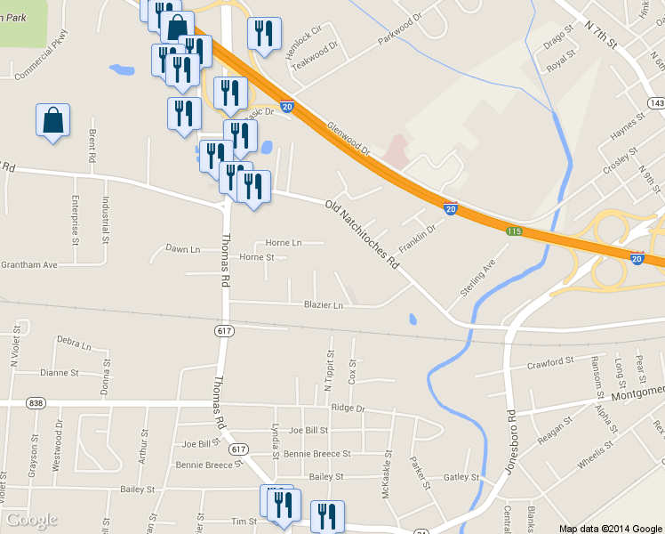 map of restaurants, bars, coffee shops, grocery stores, and more near 134 Nora St in West Monroe