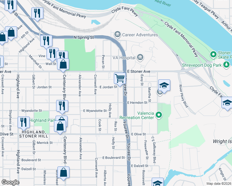 map of restaurants, bars, coffee shops, grocery stores, and more near 1522 Rex Street in Shreveport