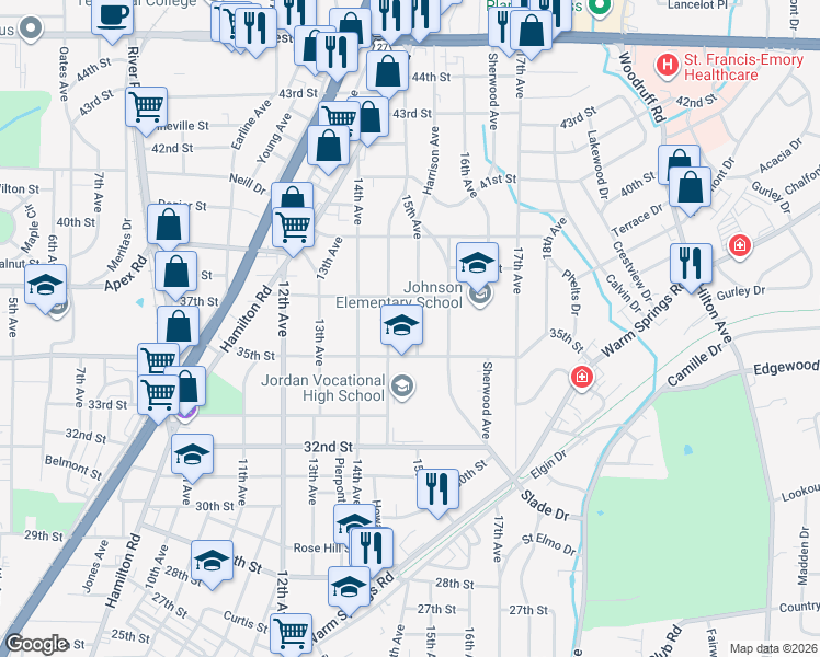 map of restaurants, bars, coffee shops, grocery stores, and more near 3525 15th Avenue in Columbus