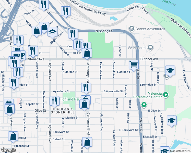 map of restaurants, bars, coffee shops, grocery stores, and more near 124 Lister Street in Shreveport