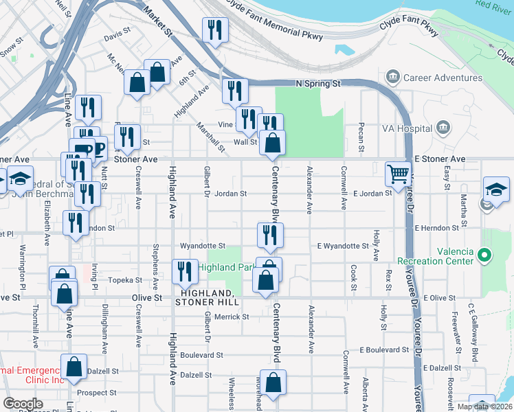 map of restaurants, bars, coffee shops, grocery stores, and more near 1515 Coty Street in Shreveport