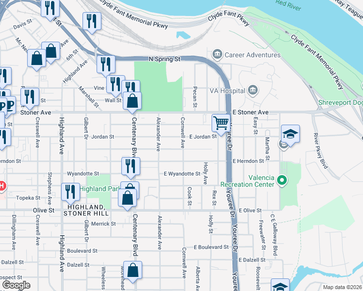map of restaurants, bars, coffee shops, grocery stores, and more near 160 E Lister St in Shreveport