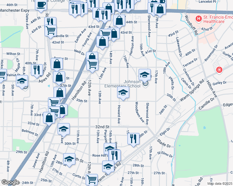 map of restaurants, bars, coffee shops, grocery stores, and more near 3519 Howard Avenue in Columbus