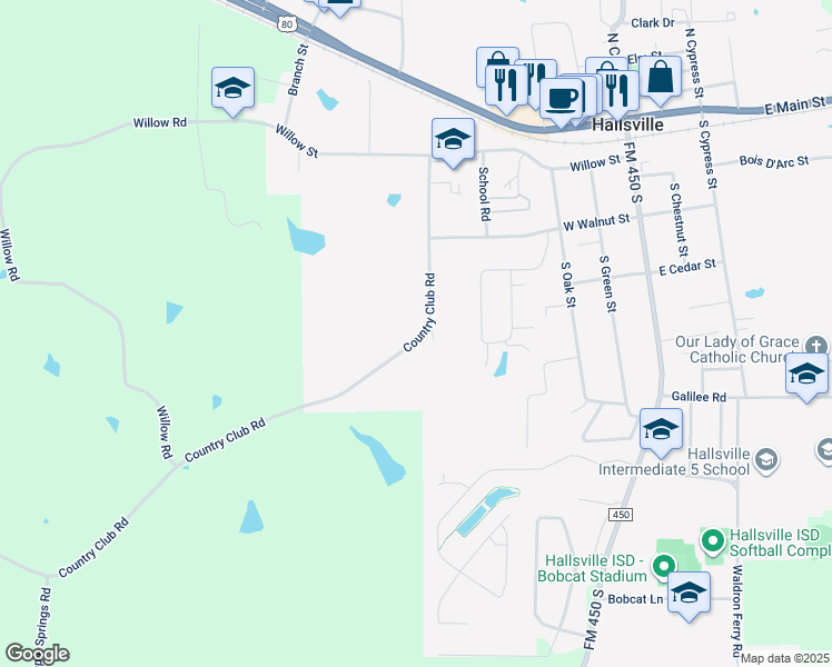 map of restaurants, bars, coffee shops, grocery stores, and more near 404 Country Club Road in Hallsville