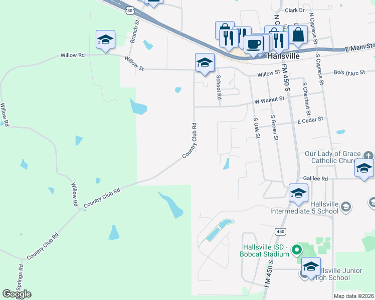 map of restaurants, bars, coffee shops, grocery stores, and more near 404 Country Club Road in Hallsville