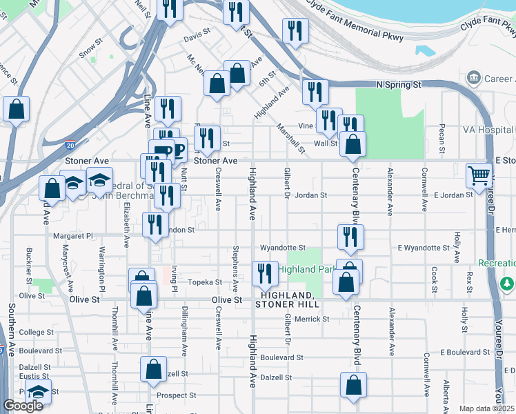 map of restaurants, bars, coffee shops, grocery stores, and more near 1521 Highland Avenue in Shreveport
