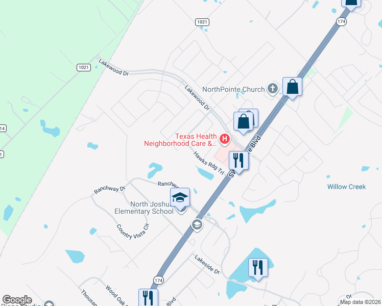 map of restaurants, bars, coffee shops, grocery stores, and more near 205 Hawks Ridge Trail in Burleson