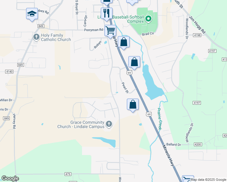 map of restaurants, bars, coffee shops, grocery stores, and more near 1540 Wood Springs Road in Lindale