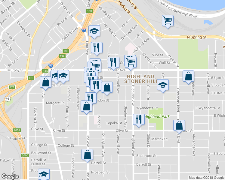 map of restaurants, bars, coffee shops, grocery stores, and more near 619 Jordan St in Shreveport