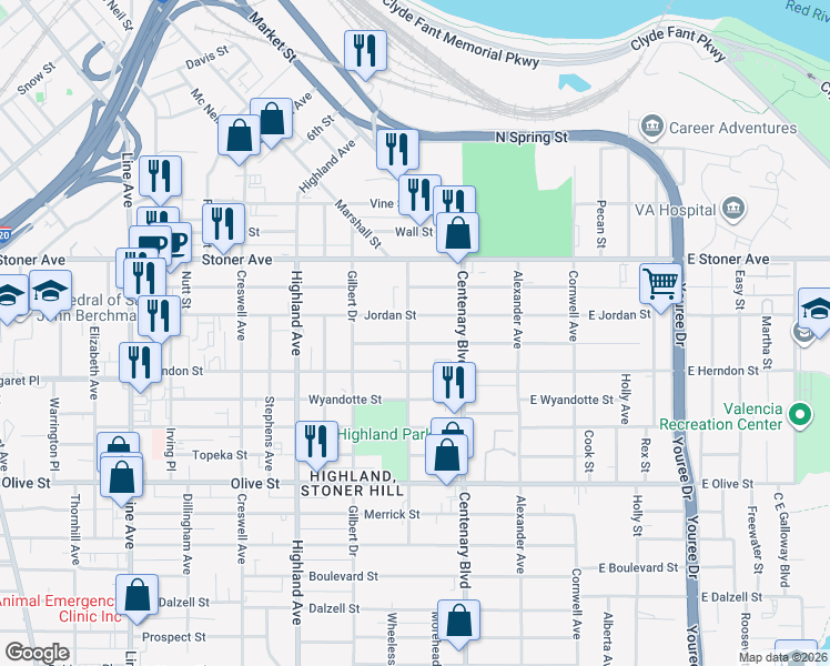 map of restaurants, bars, coffee shops, grocery stores, and more near 1515 Coty Street in Shreveport