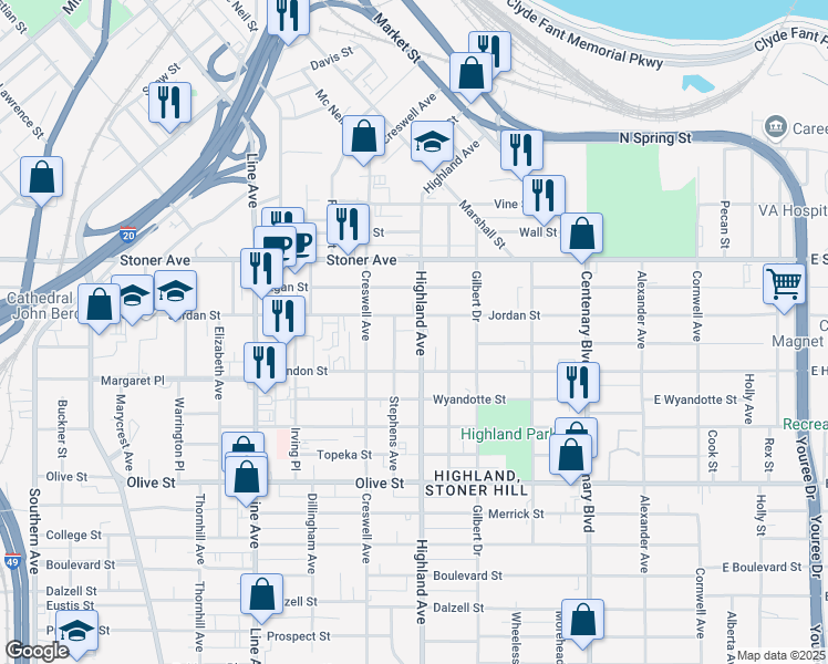 map of restaurants, bars, coffee shops, grocery stores, and more near 1521 Highland Avenue in Shreveport