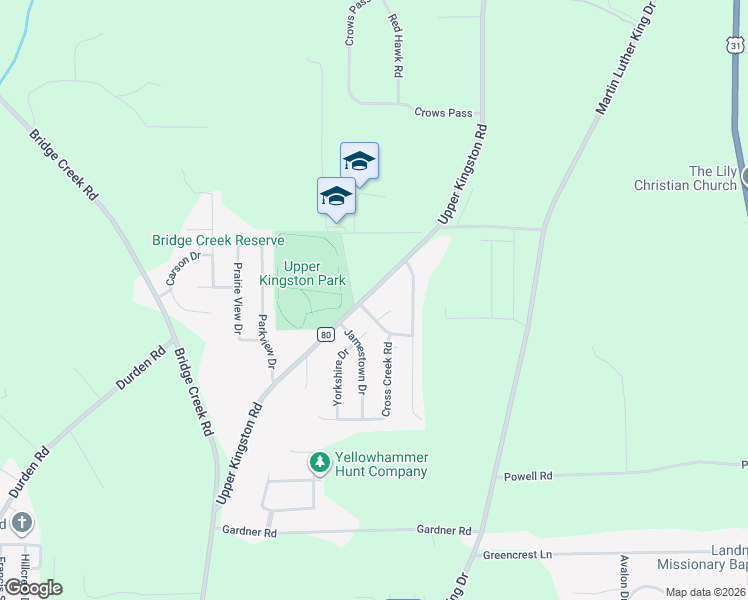 map of restaurants, bars, coffee shops, grocery stores, and more near 1304 Upper Kingston Road in Prattville