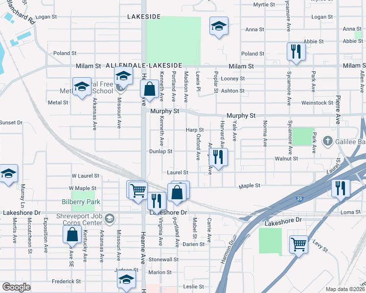 map of restaurants, bars, coffee shops, grocery stores, and more near 1442 Madison Avenue in Shreveport