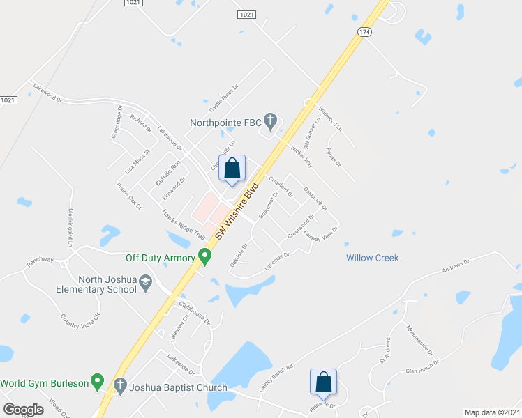 map of restaurants, bars, coffee shops, grocery stores, and more near 2612 Briarcrest Drive in Burleson