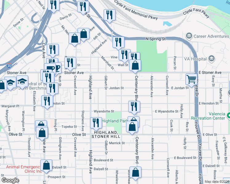 map of restaurants, bars, coffee shops, grocery stores, and more near 351 Jordan Street in Shreveport