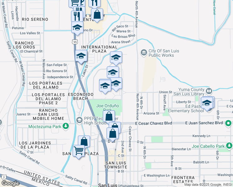 map of restaurants, bars, coffee shops, grocery stores, and more near 1135 Main Street in San Luis