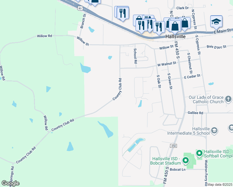map of restaurants, bars, coffee shops, grocery stores, and more near 404 Country Club Road in Hallsville