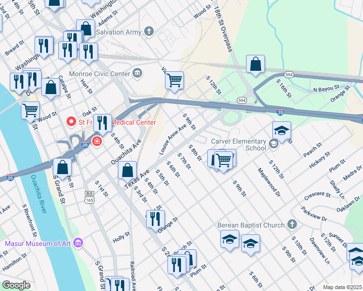 map of restaurants, bars, coffee shops, grocery stores, and more near 700 Texas Avenue in Monroe