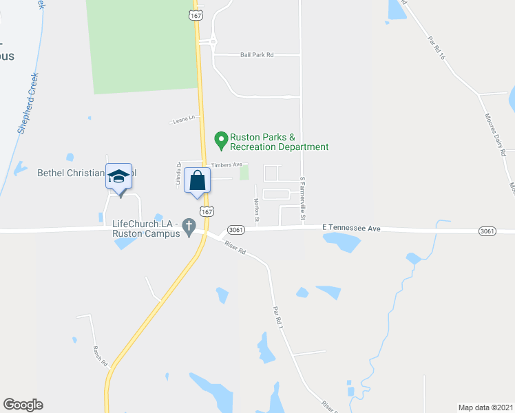 map of restaurants, bars, coffee shops, grocery stores, and more near Norton Street in Ruston