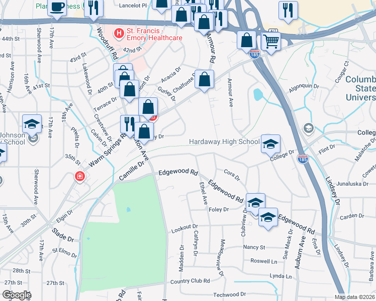 map of restaurants, bars, coffee shops, grocery stores, and more near 2423 Camille Drive in Columbus