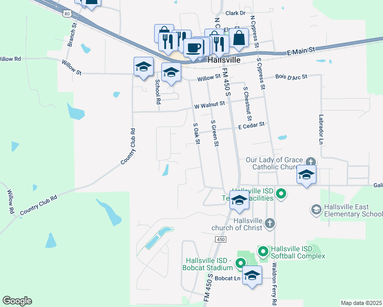 map of restaurants, bars, coffee shops, grocery stores, and more near 406 South Oak Street in Hallsville