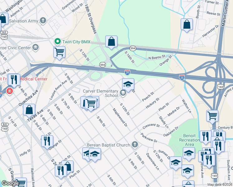 map of restaurants, bars, coffee shops, grocery stores, and more near 713 S 12th St in Monroe