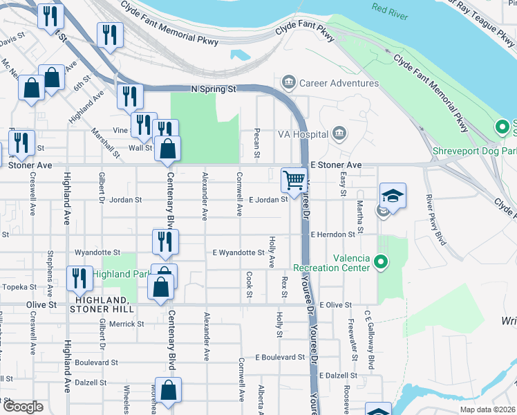 map of restaurants, bars, coffee shops, grocery stores, and more near 234 East Lister Street in Shreveport