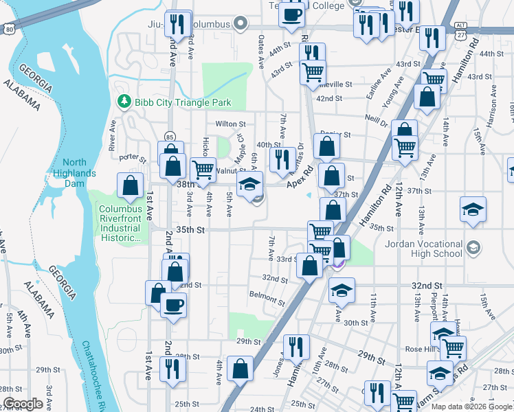 map of restaurants, bars, coffee shops, grocery stores, and more near 600 38th Street in Columbus
