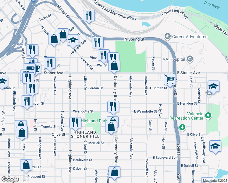 map of restaurants, bars, coffee shops, grocery stores, and more near 1516 Centenary Boulevard in Shreveport