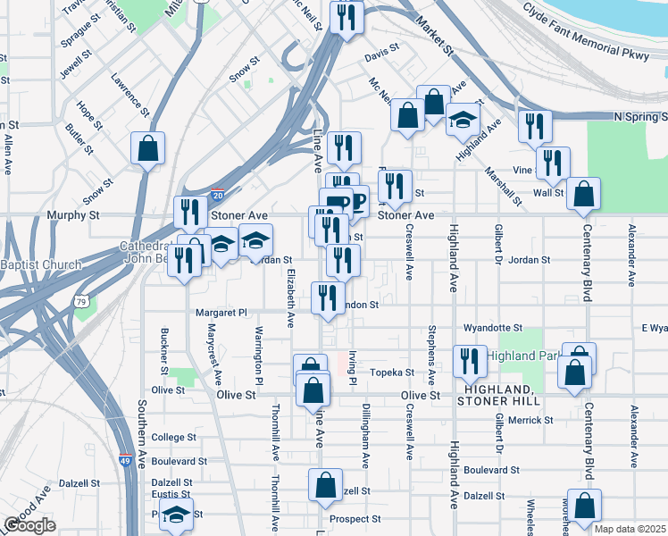 map of restaurants, bars, coffee shops, grocery stores, and more near 1501-1699 Line Ave in Shreveport
