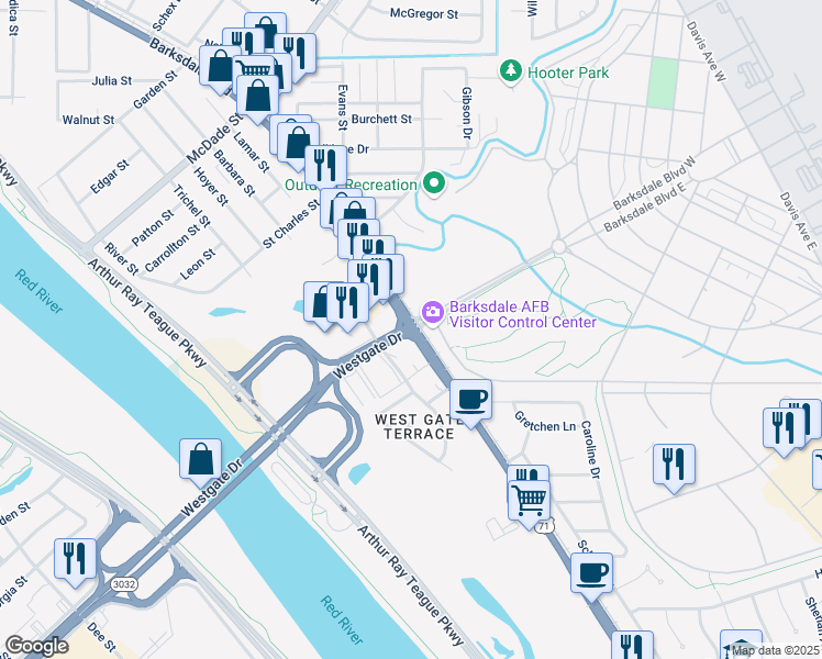 map of restaurants, bars, coffee shops, grocery stores, and more near in Bossier City
