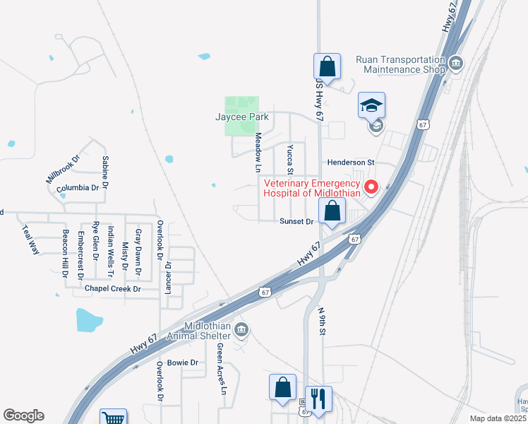 map of restaurants, bars, coffee shops, grocery stores, and more near 1402 Meadow Lane in Midlothian