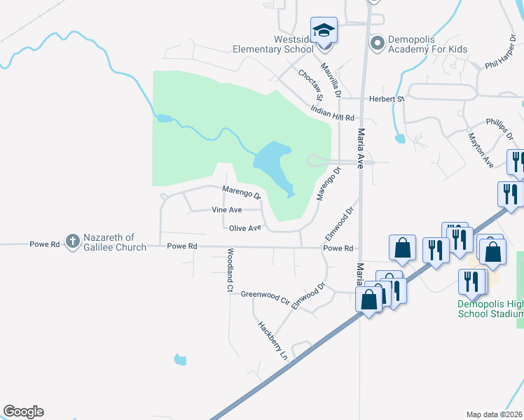 map of restaurants, bars, coffee shops, grocery stores, and more near 1804 Marengo Dr in Demopolis