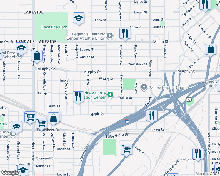 map of restaurants, bars, coffee shops, grocery stores, and more near 1851 West Jordan Street in Shreveport