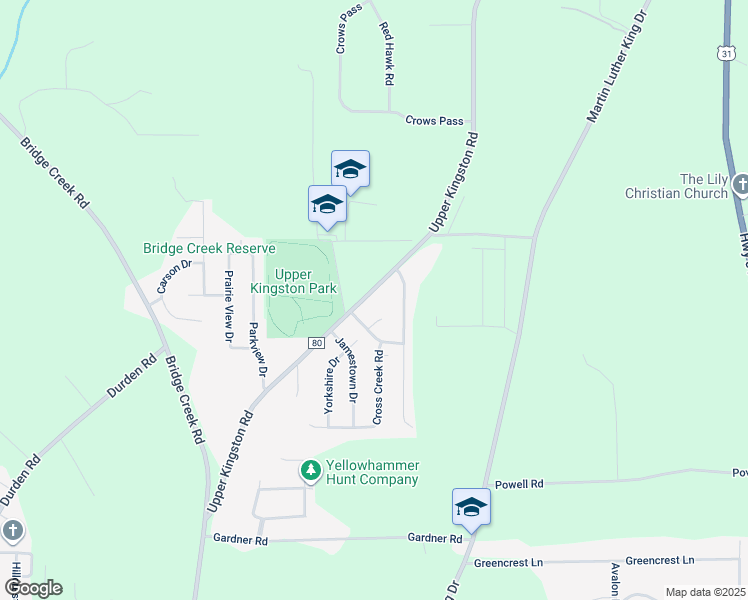 map of restaurants, bars, coffee shops, grocery stores, and more near 1304 Upper Kingston Road in Prattville