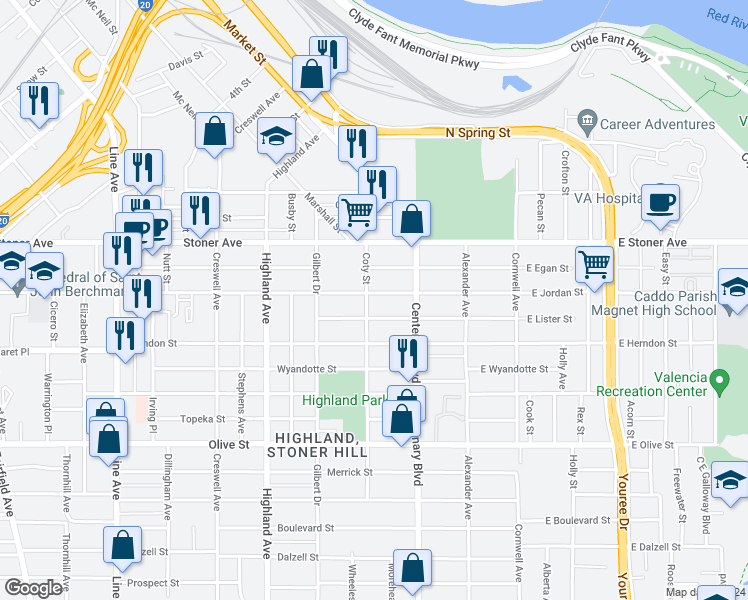 map of restaurants, bars, coffee shops, grocery stores, and more near 1507 Coty Street in Shreveport