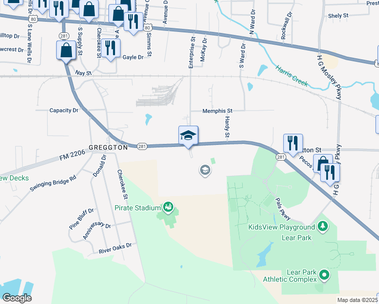 map of restaurants, bars, coffee shops, grocery stores, and more near P.T. Parkway in Longview